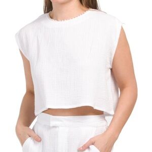 NWOT Wildfox White Gauze Crop Top with Pearl Accent at Neck Size Small
